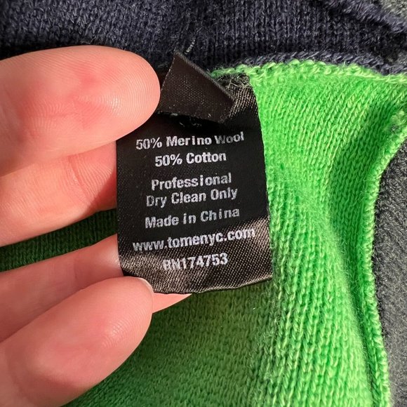 Tome Sweater Women Large Navy Green Colorblock Merino Wool Cotton Slit Peplum - Picture 12 of 15